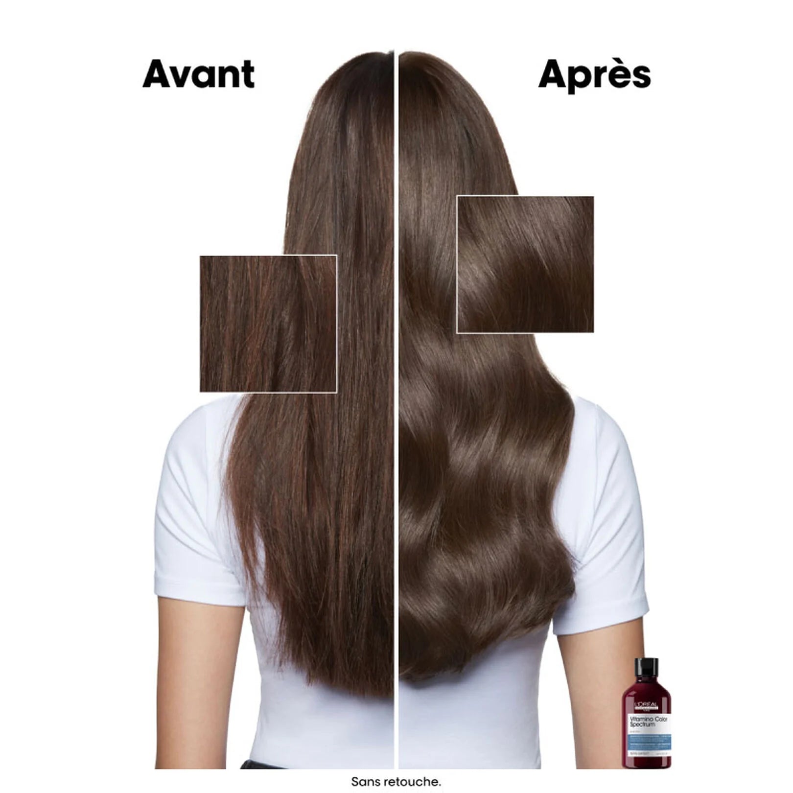 Avant/ Après utilisation shampoing bleu Vitamino Spectrum L’Oréal