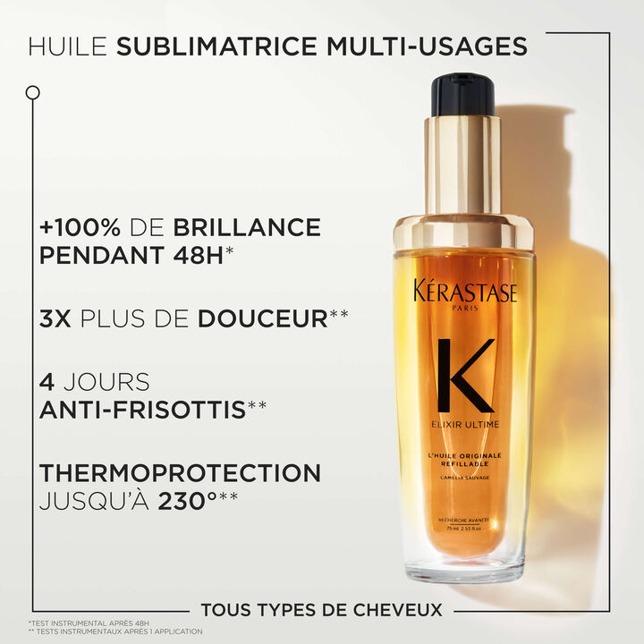 Description et produit de l'Huile Originale Rechargeable Elixir Ultime Kérastase- Vue face 75ml
